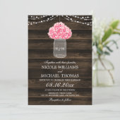 Rustieke Roze Hydrangea Mason Jar Barn Wood Weddin Kaart (Staand voorkant)