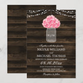 Rustieke Roze Hydrangea Mason Jar Barn Wood Weddin Kaart (Voorkant / Achterkant)