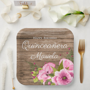 Rustieke Roze Klaprozen Quinceañera Papieren Bordje