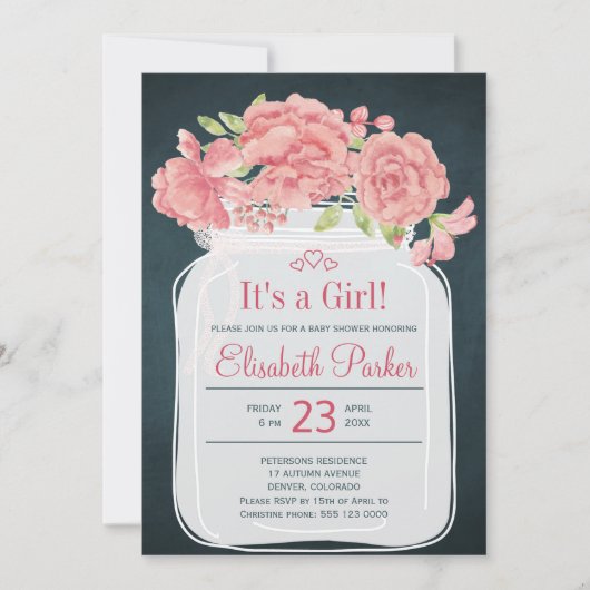 Rustieke roze pioen metselaar jar marine meisje ba kaart (Voorkant)