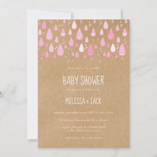 Rustieke roze regendruppels baby meisje douche kaart (Voorkant)