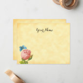 Rustieke Roze Rose en Blauwe Moth bewerkbaar Notitiekaartje (Voorkant / Achterkant in situ)