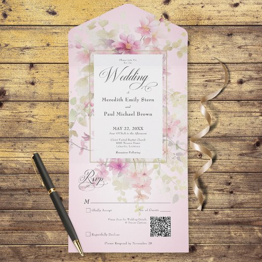 Rustieke Roze & Sage Waterverf Bloemen Roze QR Cod All In One Uitnodiging
