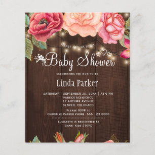 Rustieke rozen hout BUDGET babyshower uitnodiging