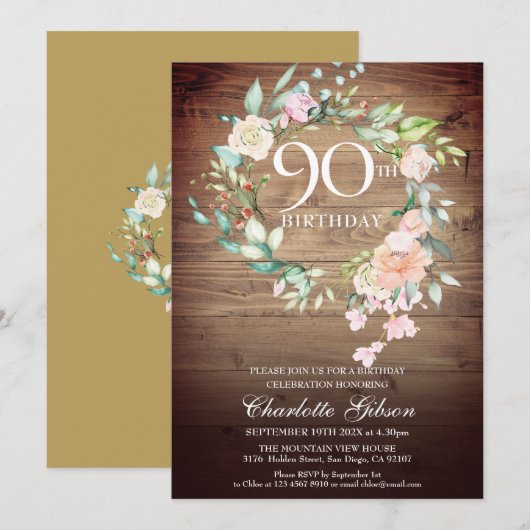 Rustieke Rozen Krans Monogram 90ste Verjaardag Kaart (Voorkant / Achterkant)