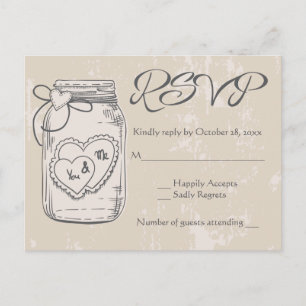 Rustieke RSVP Mason Jar Hearts Bruin Tan Wedding Uitnodiging Briefkaart
