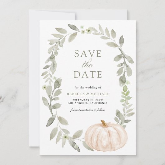 Rustieke Sage Greenery Witte Pompoen Trouwfoto Save The Date (Voorkant)