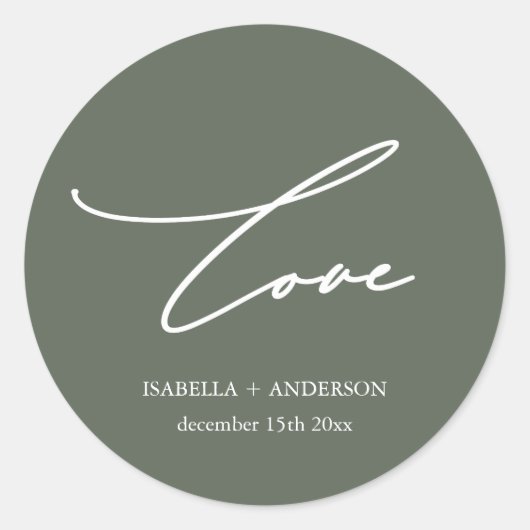 Rustieke Sage Groene Liefde Script met Naam Bruilo Ronde Sticker (Voorkant)
