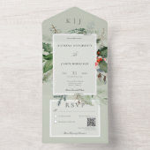 Rustieke Sage Winter Holly & Pine QR Code All In One Uitnodiging (Binnen)
