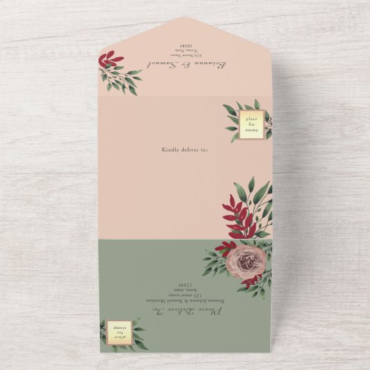 Rustieke salie en roze bloemenbruiloft all in one uitnodiging (Buitenkant)