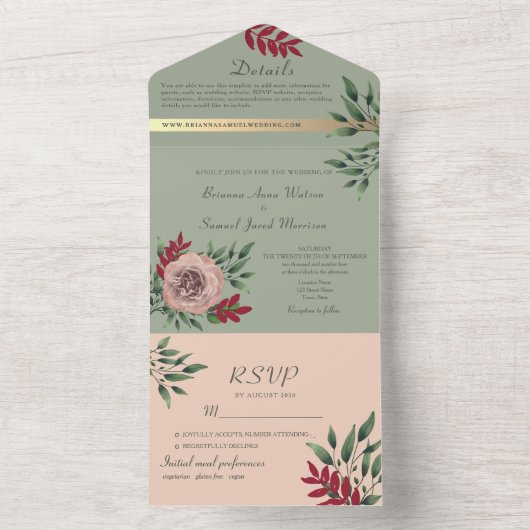 Rustieke salie en roze bloemenbruiloft all in one uitnodiging (Binnen)