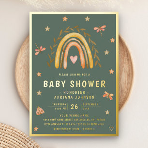 Rustieke Salie Groene Aardse Regenboog Baby Shower Folie Uitnodiging