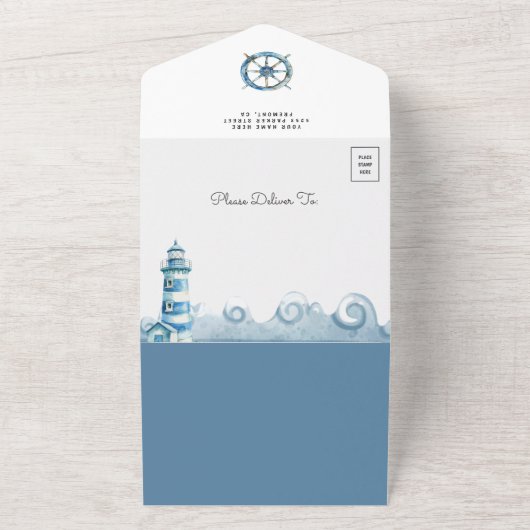 Rustieke Schattigee Teddybeer Nautische Boot Baby  All In One Uitnodiging (Buitenkant)