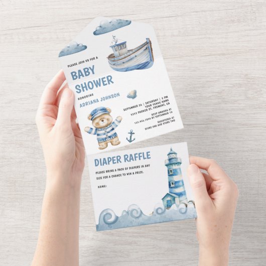 Rustieke Schattigee Teddybeer Nautische Boot Baby  All In One Uitnodiging (Afscheurbaar)