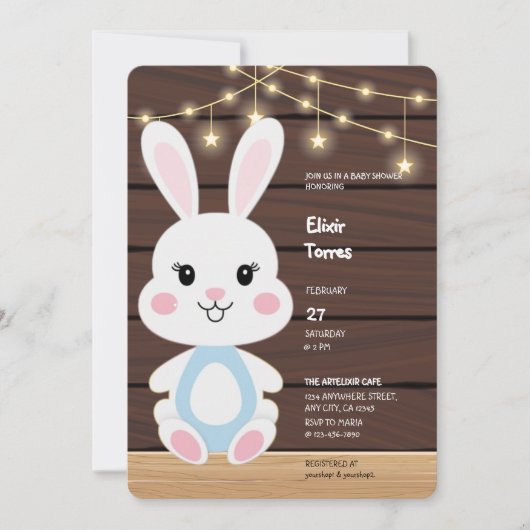 Rustieke Schattigee Witte Bunny Baby shower Uitnod Kaart (Voorkant)