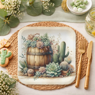Rustieke schikking van vetplanten en cactussen papieren bordje