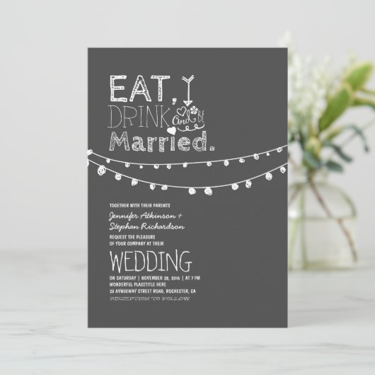 Rustieke schoolbord eet Drink en trouwen bruiloft Kaart (Staand voorkant)