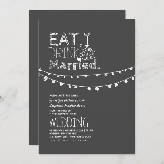 Rustieke schoolbord eet Drink en trouwen bruiloft Kaart (Voorkant / Achterkant)