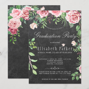 Rustieke schoolbord roze rozen Graduation Party Kaart