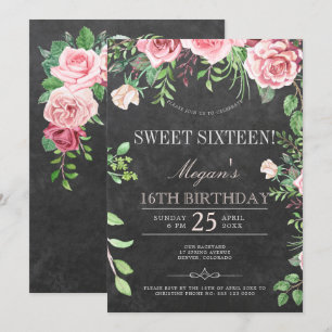 Rustieke schoolbord roze rozen tuin Sweet Sixteen Kaart
