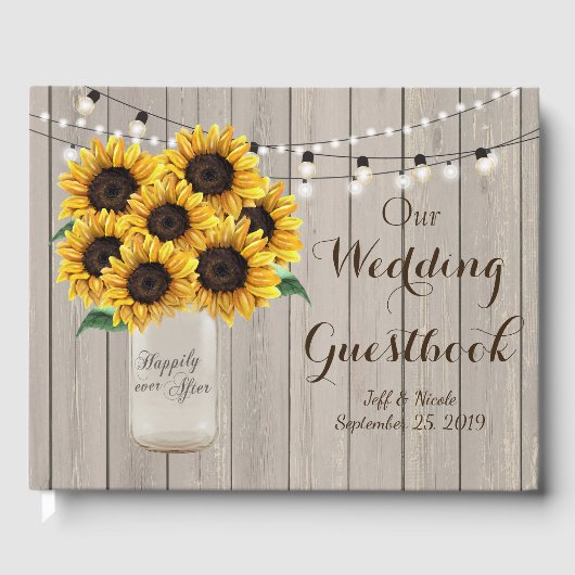Rustieke Schuur Bruiloft Hout Mason Jar Zonnebloem Gastenboek (Voorkant)