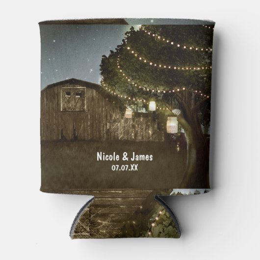 Rustieke schuur- en boomlichtjes trouwblikkoeler blikjeskoeler (Voorkant)