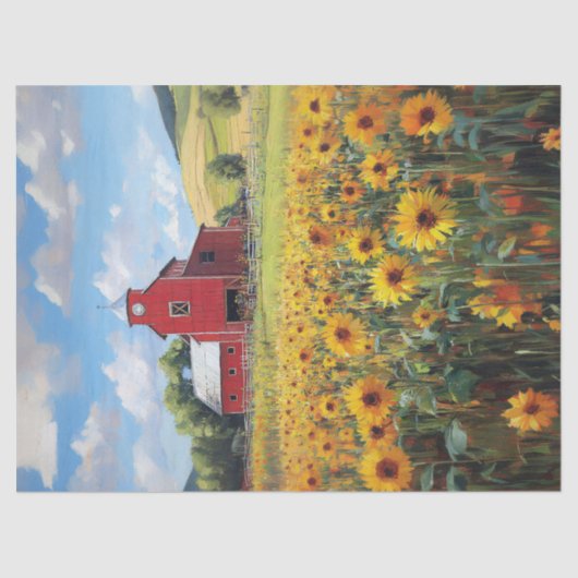 Rustieke Schuur en Zonnebloem Veld Schilderij Deco Tissuepapier (Voorkant)