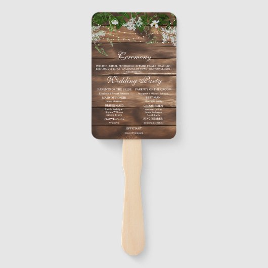 Rustieke schuur hout bloemenbruiloft programma handwaaier (Achterkant)
