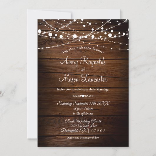 Rustieke schuur hout en String Lights Bruiloft Kaart (Voorkant)