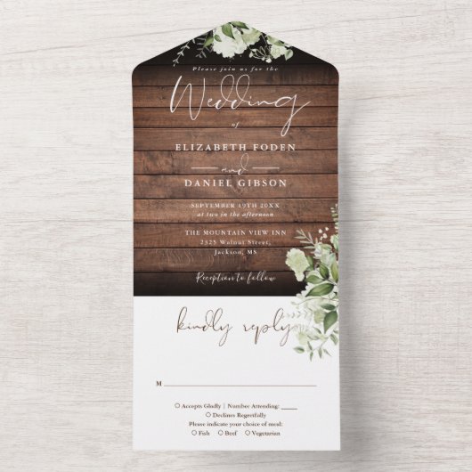 Rustieke schuur hout groen bloemenbruiloft all in one uitnodiging (Binnen)