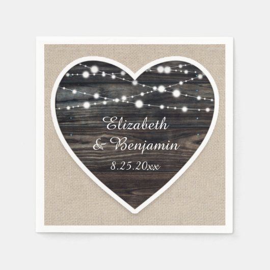 Rustieke schuur hout hart string verlichting bruil servet (Voorkant)
