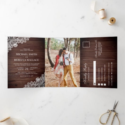 Rustieke schuur hout kant bruiloft foto drieluik uitnodiging (Binnen)