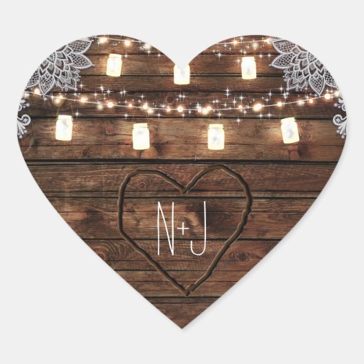Rustieke schuur hout & Mason Jars bruiloft gunst Hart Sticker (Voorkant)