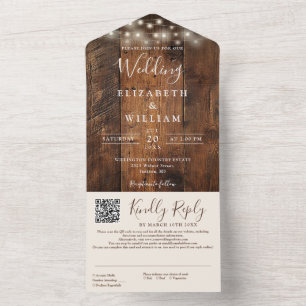 Rustieke schuur hout slingerlichten QR-code bruilo All In One Uitnodiging
