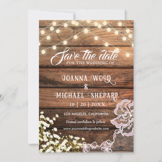 Rustieke schuur hout String Lights & Lace Land Save The Date (Voorkant)