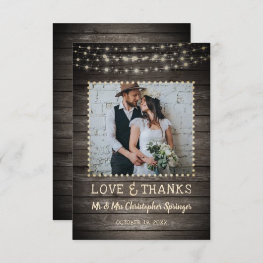 Rustieke schuur hout string verlichting bruiloft d bedankkaart (Voorkant / Achterkant)