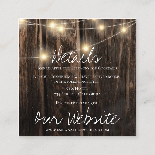 Rustieke schuur hout string verlichting land bruil informatiekaartje (Achterkant)