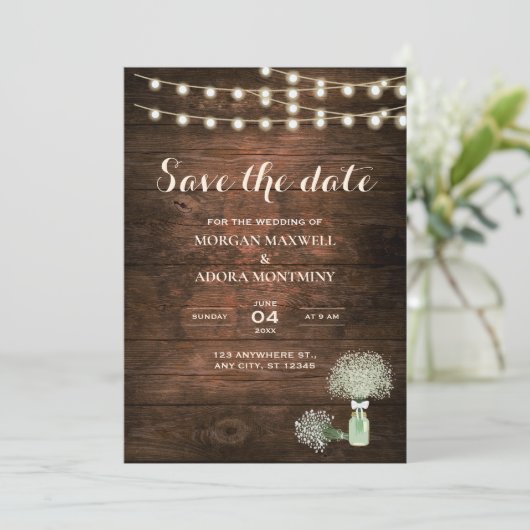 Rustieke schuur hout string verlichting Mason Jar  Save The Date (Staand voorkant)