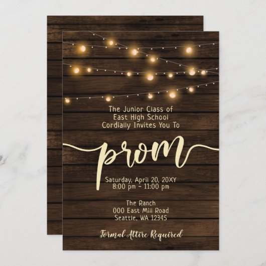 Rustieke schuur hout String verlichting Prom Kaart (Voorkant / Achterkant)