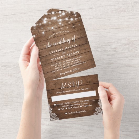 Rustieke schuur hout Twinkle Lights Bruiloft All In One Uitnodiging (Afscheurbaar)