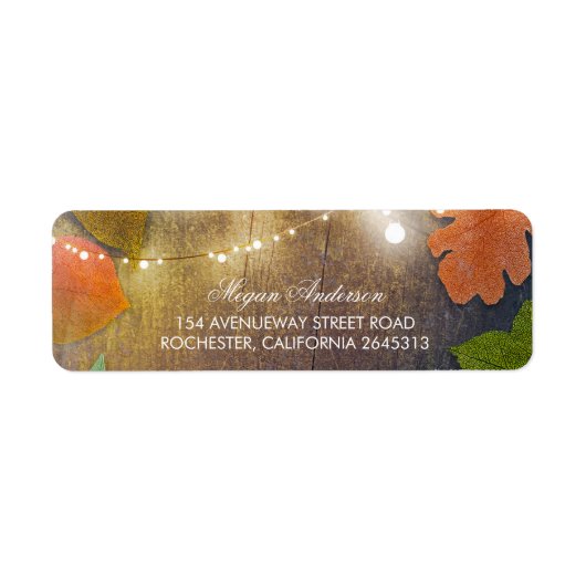 Rustieke schuur hout val bladeren en string lichte etiket (Voorkant)