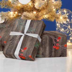 Rustieke schuur hout Winter groen & bessen Cadeaupapier