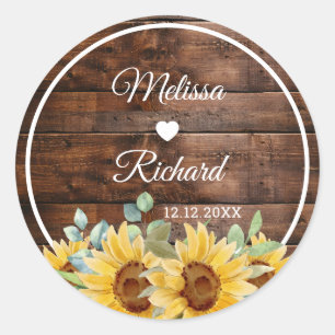 Rustieke schuur hout zonnebloem landelijke huwelij ronde sticker