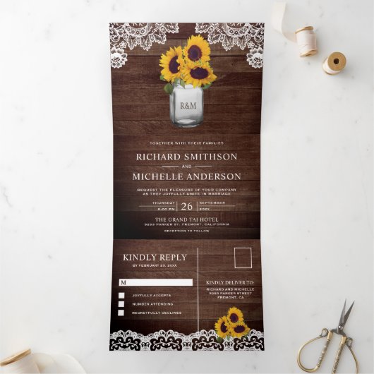 Rustieke schuur hout zonnebloemen metselaar kant b drieluik uitnodiging (Binnen)