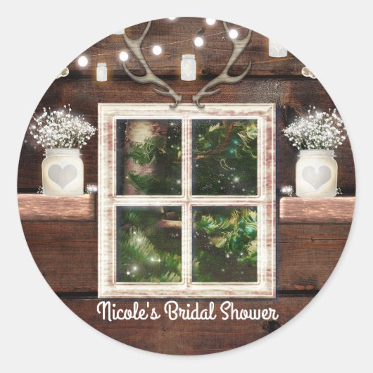 Rustieke schuur raam boom & metselwerk pot land fa ronde sticker (Voorkant)