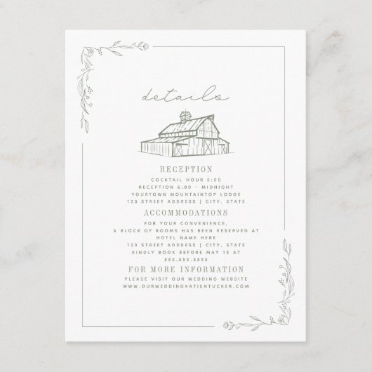 Rustieke schuur Sage Groen Wit Herfst Bruiloft Det Informatiekaartje (Voorkant)