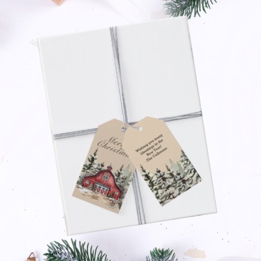 Rustieke schuur Waterverf Land Kerstmis Cadeaulabel