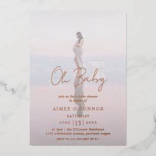 Rustieke Script Foto Oh Baby Shower Roze Goud Folie Uitnodiging