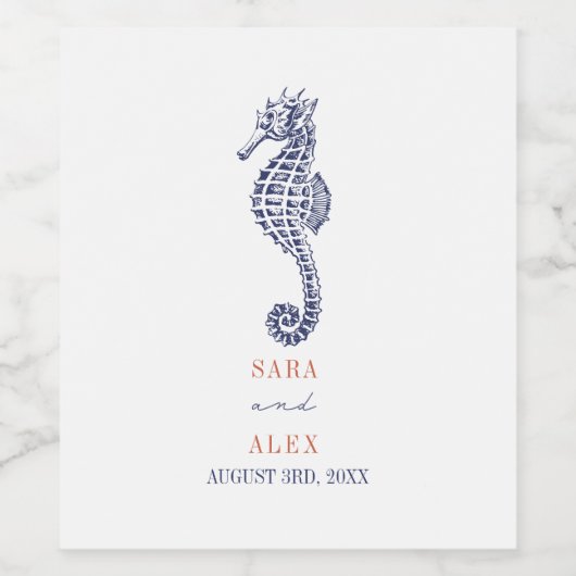 Rustieke Seahorse Red & Blue Beach Bruiloft Wijn Etiket (Enkel label)