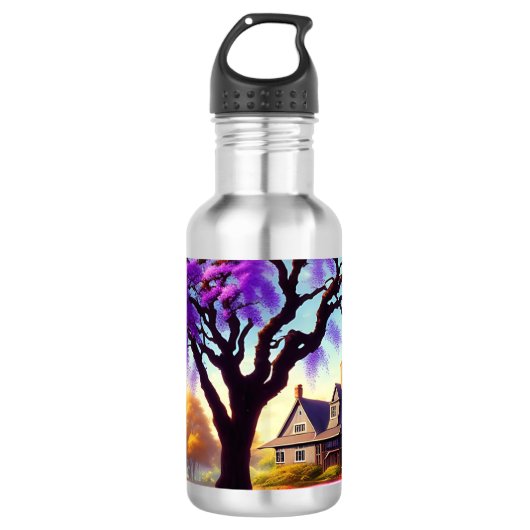 **"Rustieke sereniteit: de Paarse Jacaranda's omhe Waterfles (Voorkant)